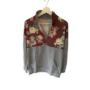 Floral Half Zip Sweatshirt Gray Burgundy Pullover Kangaroo Pocket Colorblock M